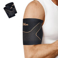 Black bicep compression sleeve with copper dotted support lines, worn on upper arm