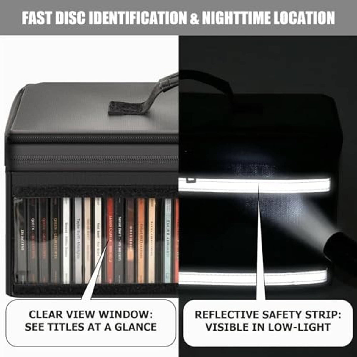 Black CD storage box with clear viewing window and built-in handle, closed.