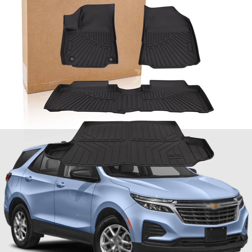 Black rubber floor mats set with cargo liner, multiple pieces arranged