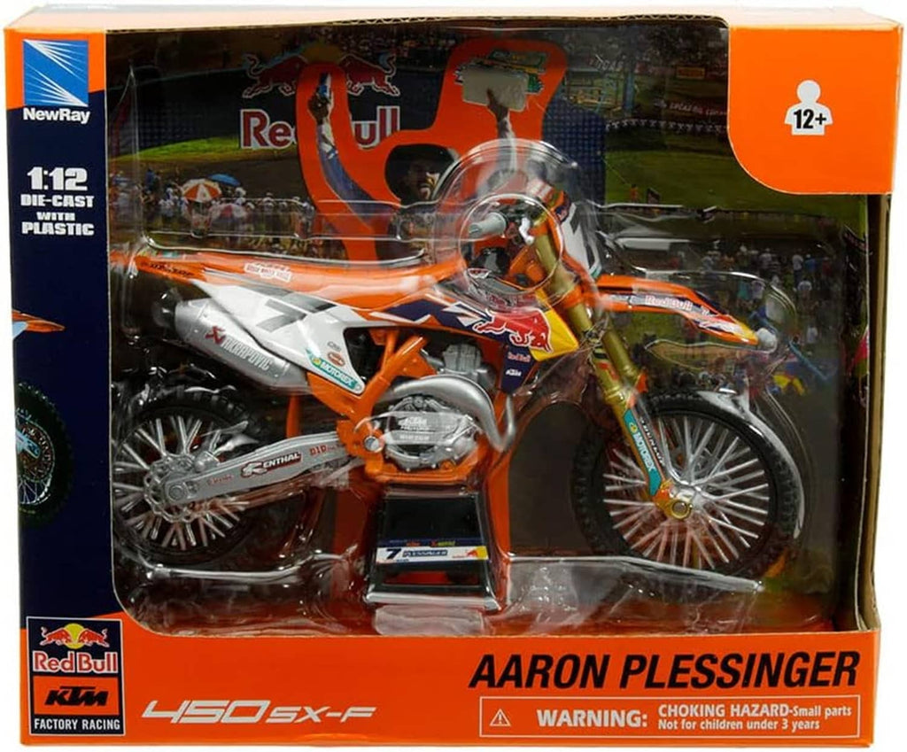 Retail box for a 1:12 Aaron Plesiinger dirt bike model, KTM Red Bull branding and 12+ age