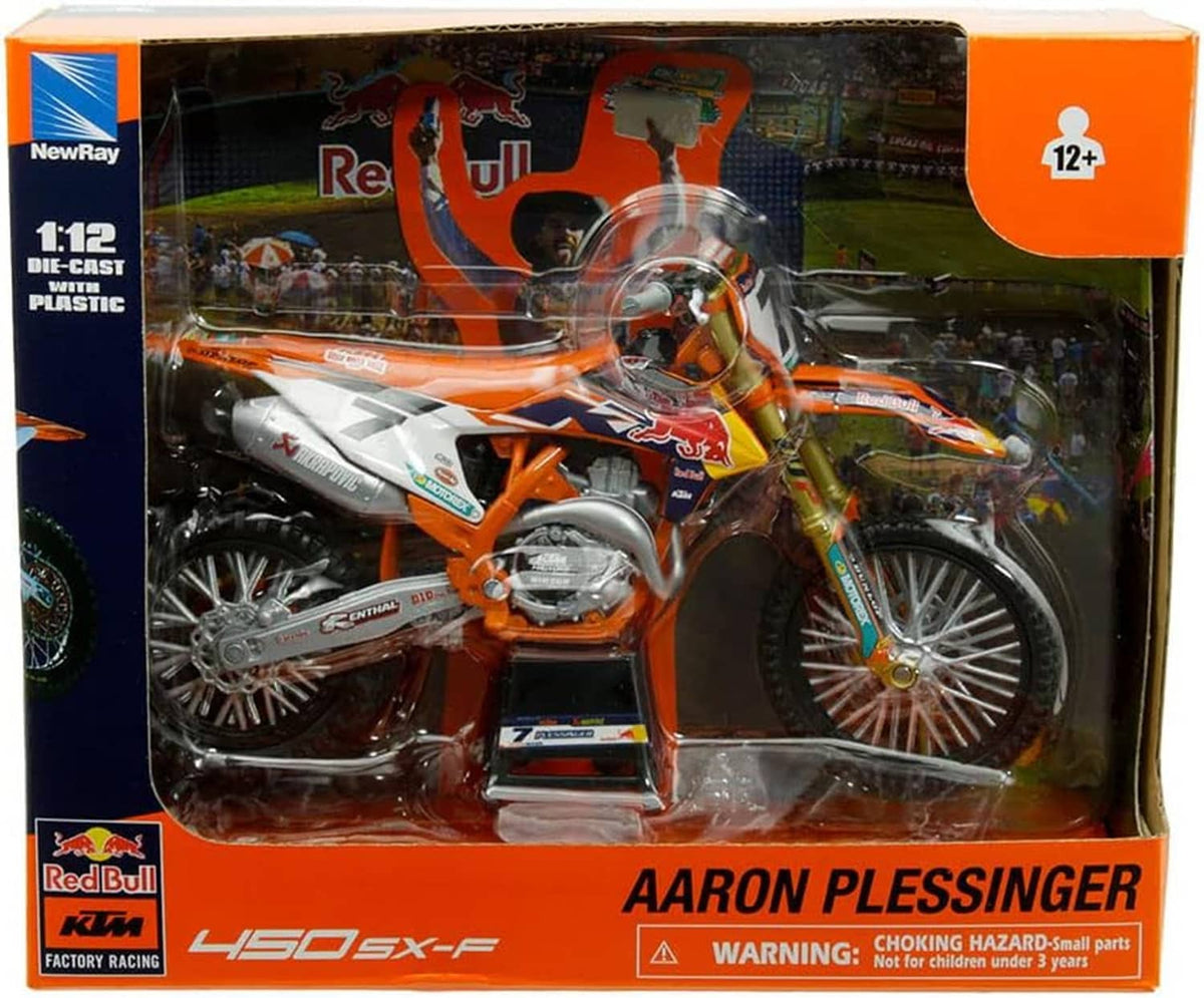Retail box for a 1:12 Aaron Plesiinger dirt bike model, KTM Red Bull branding and 12+ age