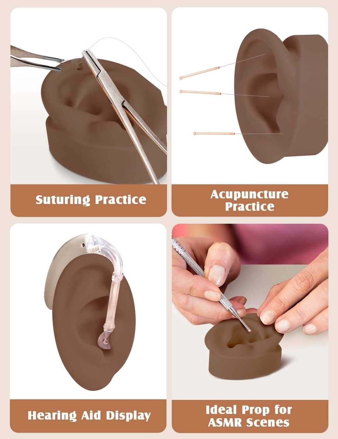 Dark brown silicone ear models with piercing-practice tools, showing inner ear openings