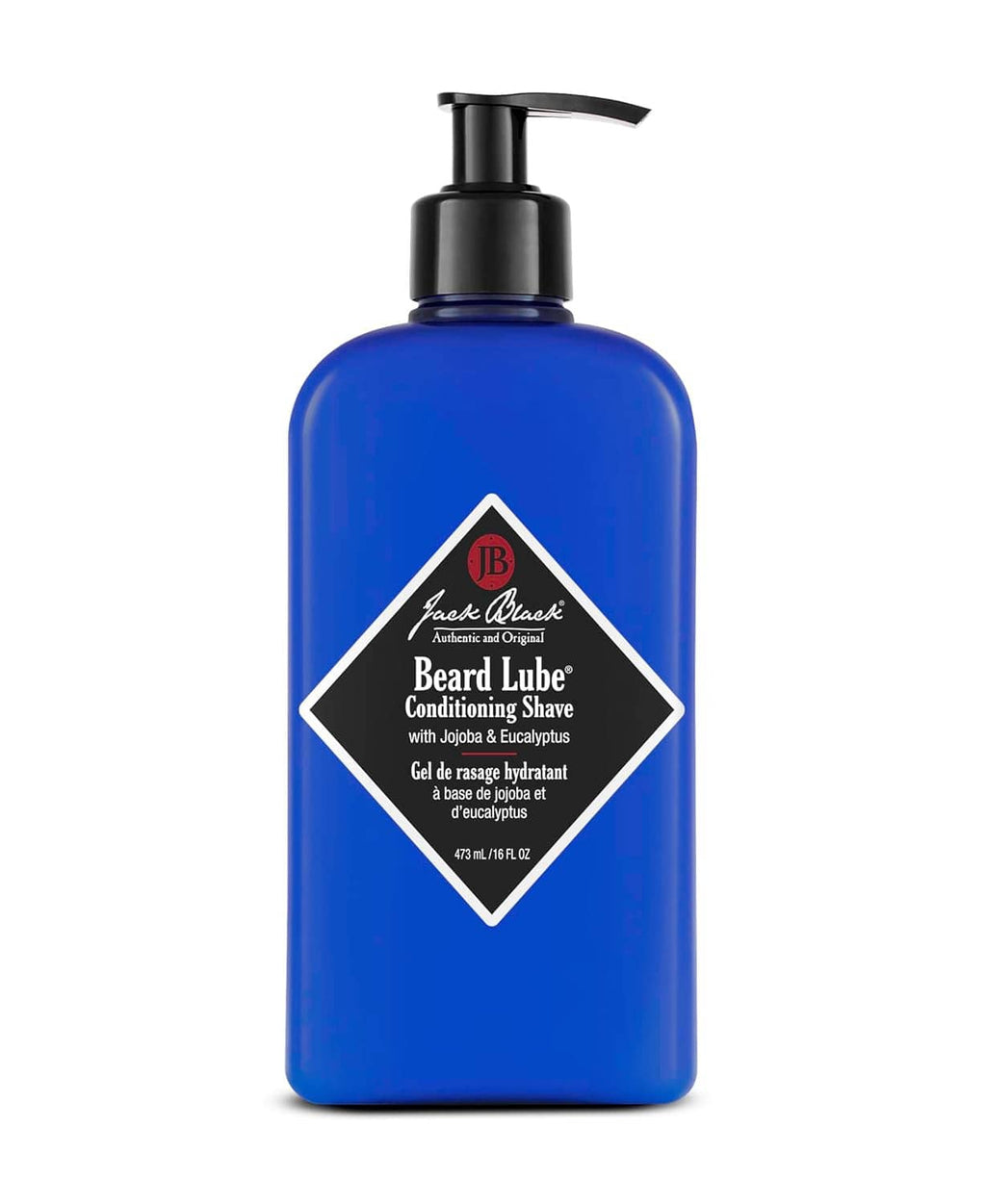 Front view of blue beard conditioner bottle with black pump and diamond emblem