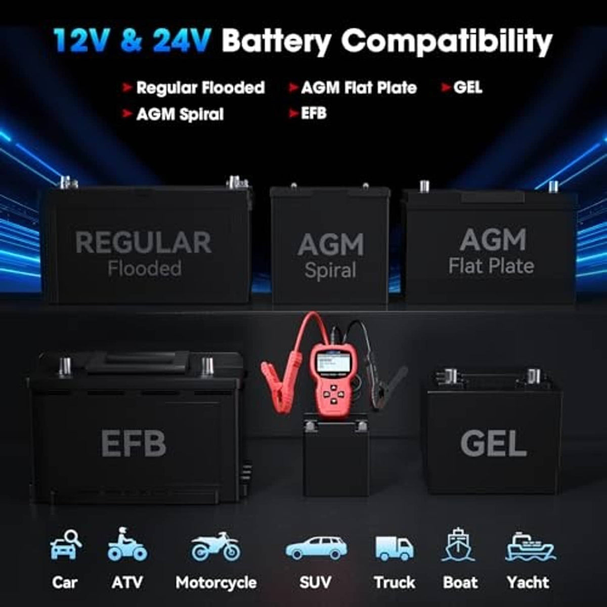 Red digital battery tester with screen and test button controls
