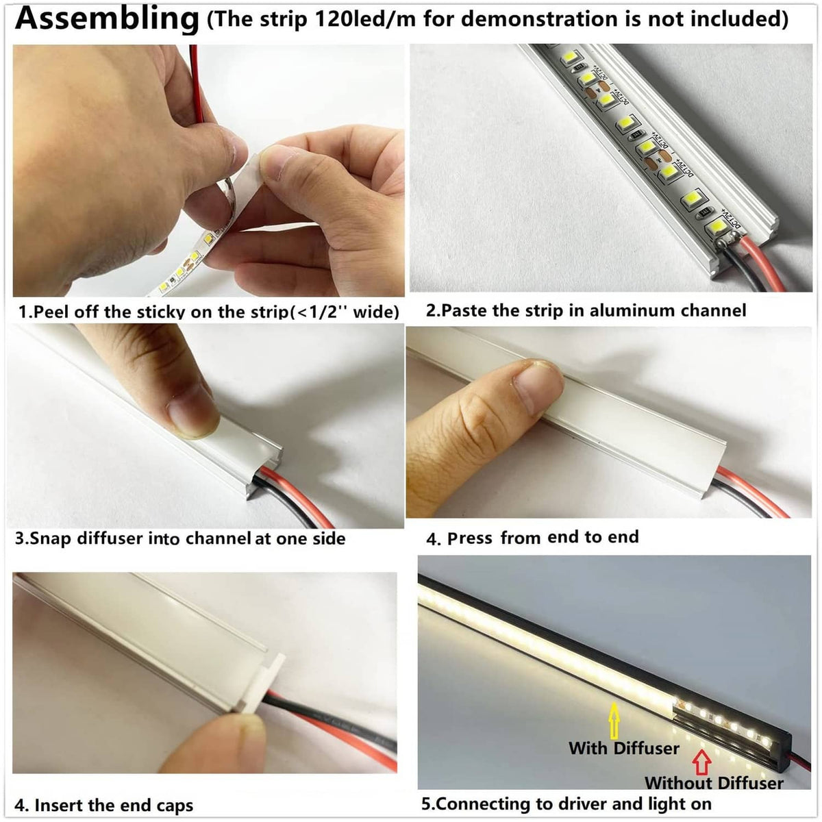 Assembling LED channel diffuser: peel adhesive, paste strip, snap diffuser, add end caps