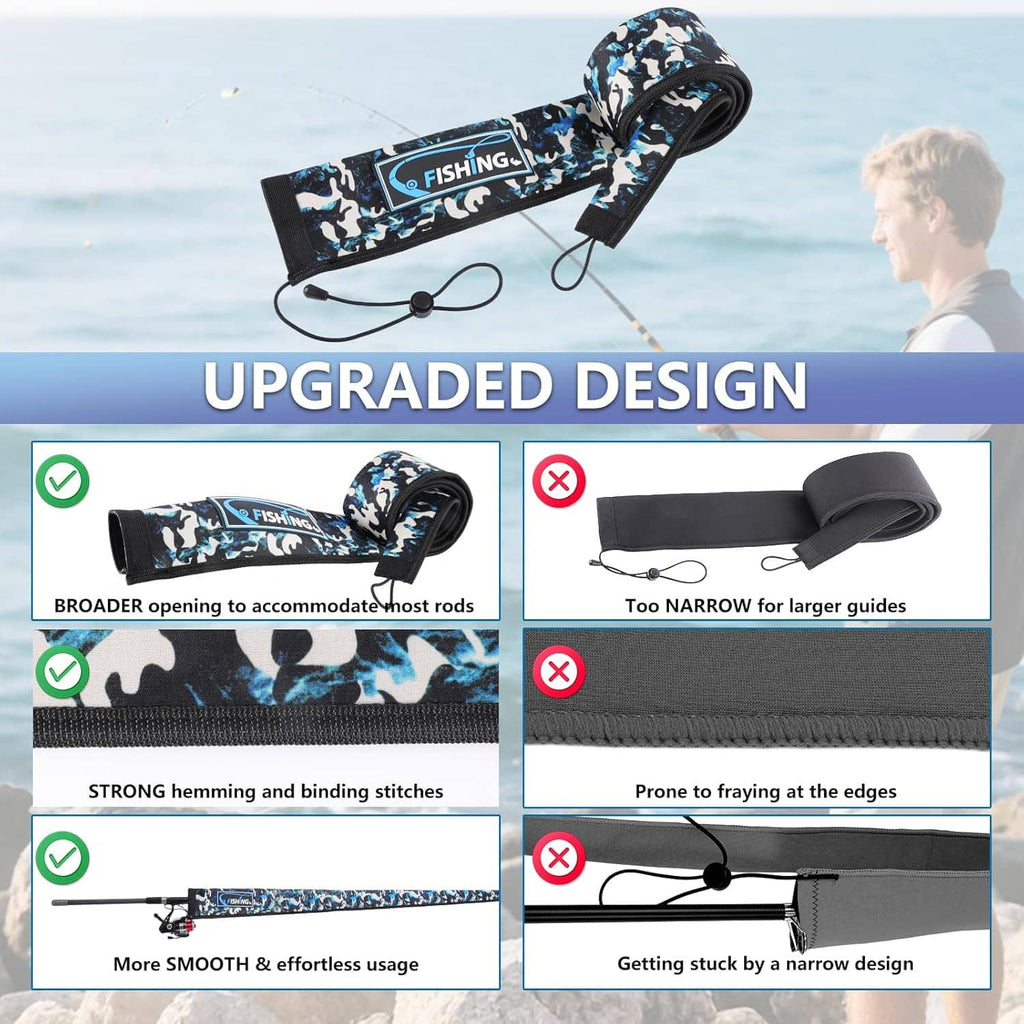Blue camo fishing rod sleeve with drawstring loop, protective rod storage cover