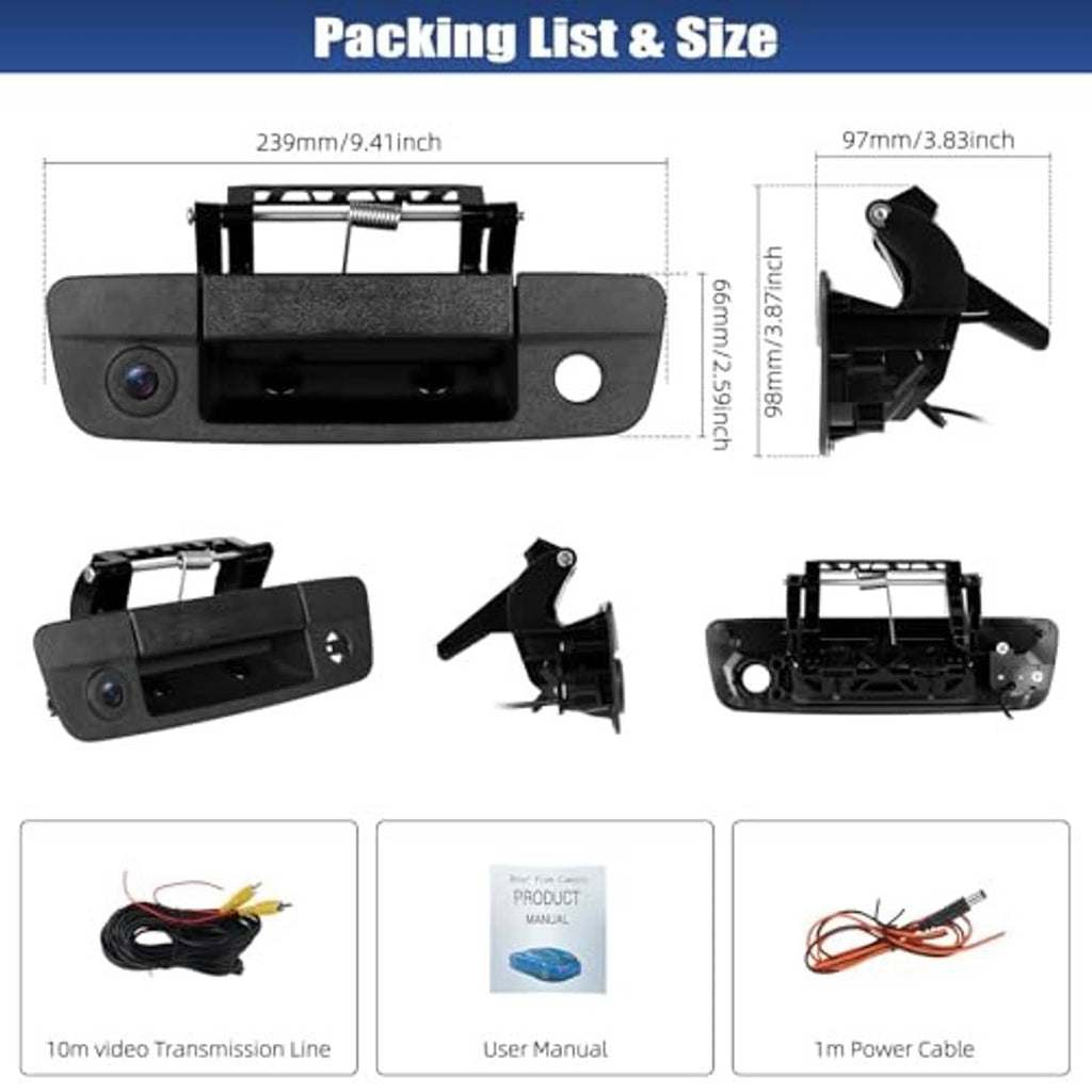 Tailgate backup camera kit with dimensions, mounting bracket, and included cable set