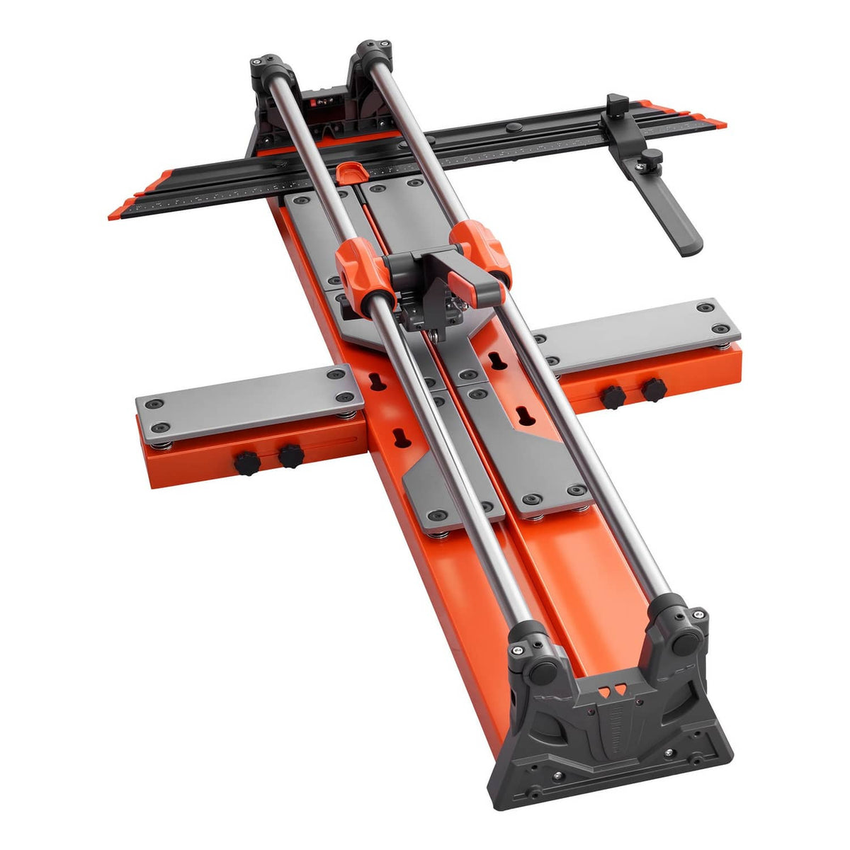 Manual tile cutter close view of orange base, dual rails, and silver cutting carriage