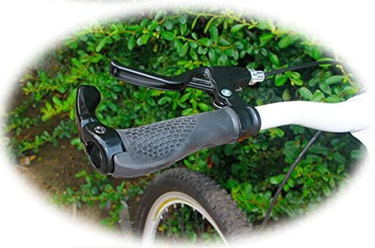Black brake lever handles mounted on a bicycle handlebar with textured grip.