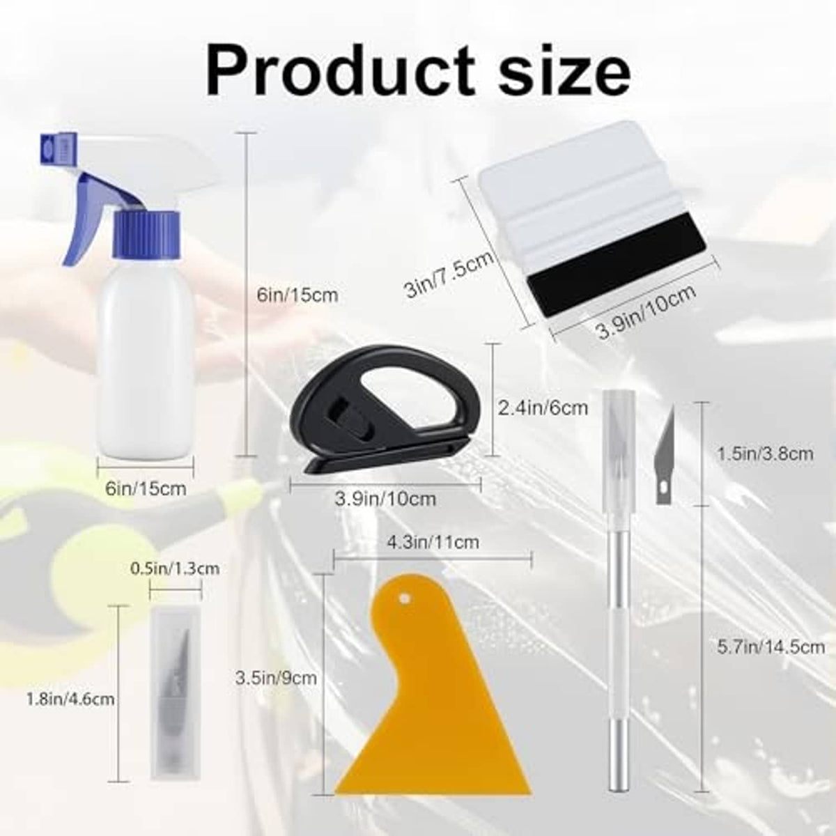 Car window film kit size chart with spray bottle, blades, squeegee, and scraper tools