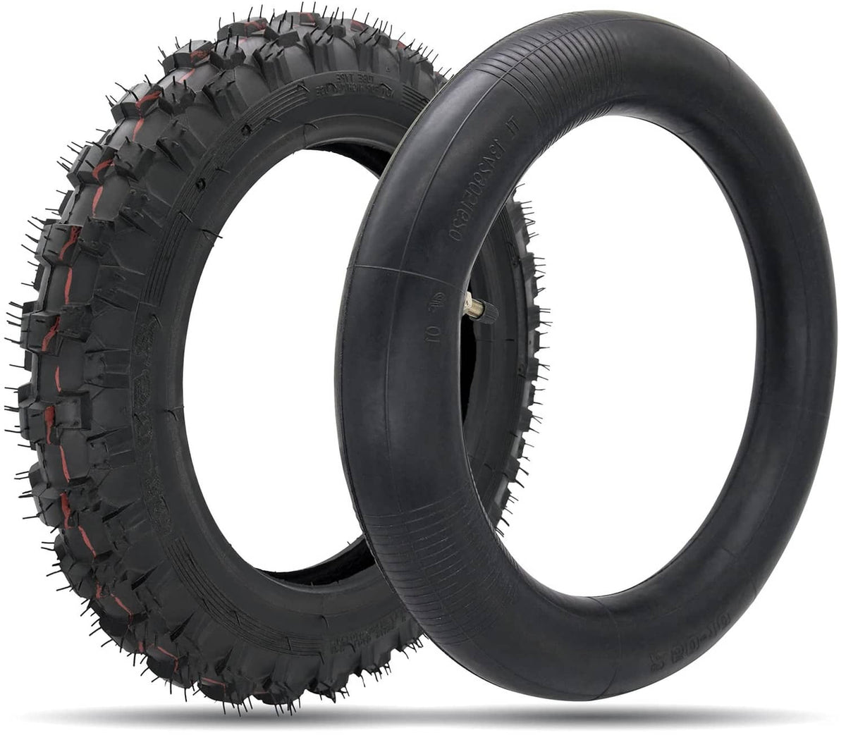 Off-road dirt bike tires and black inner tube with knobby tread