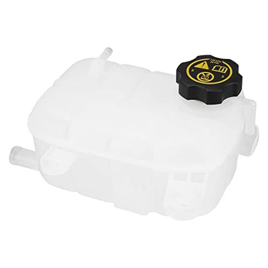 Coolant reservoir tank with black cap and yellow warning markings