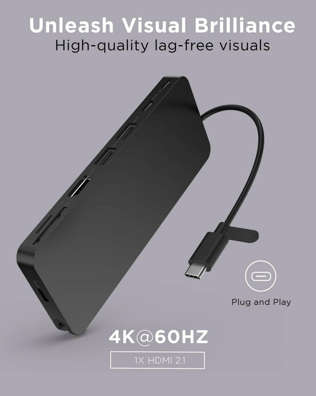 Black slim USB-C travel dock angled view with side ports and USB-C connector