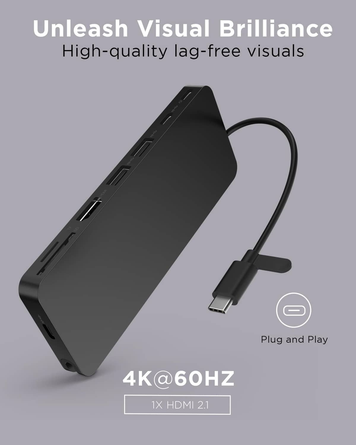 Black slim USB-C travel dock angled view with side ports and USB-C connector