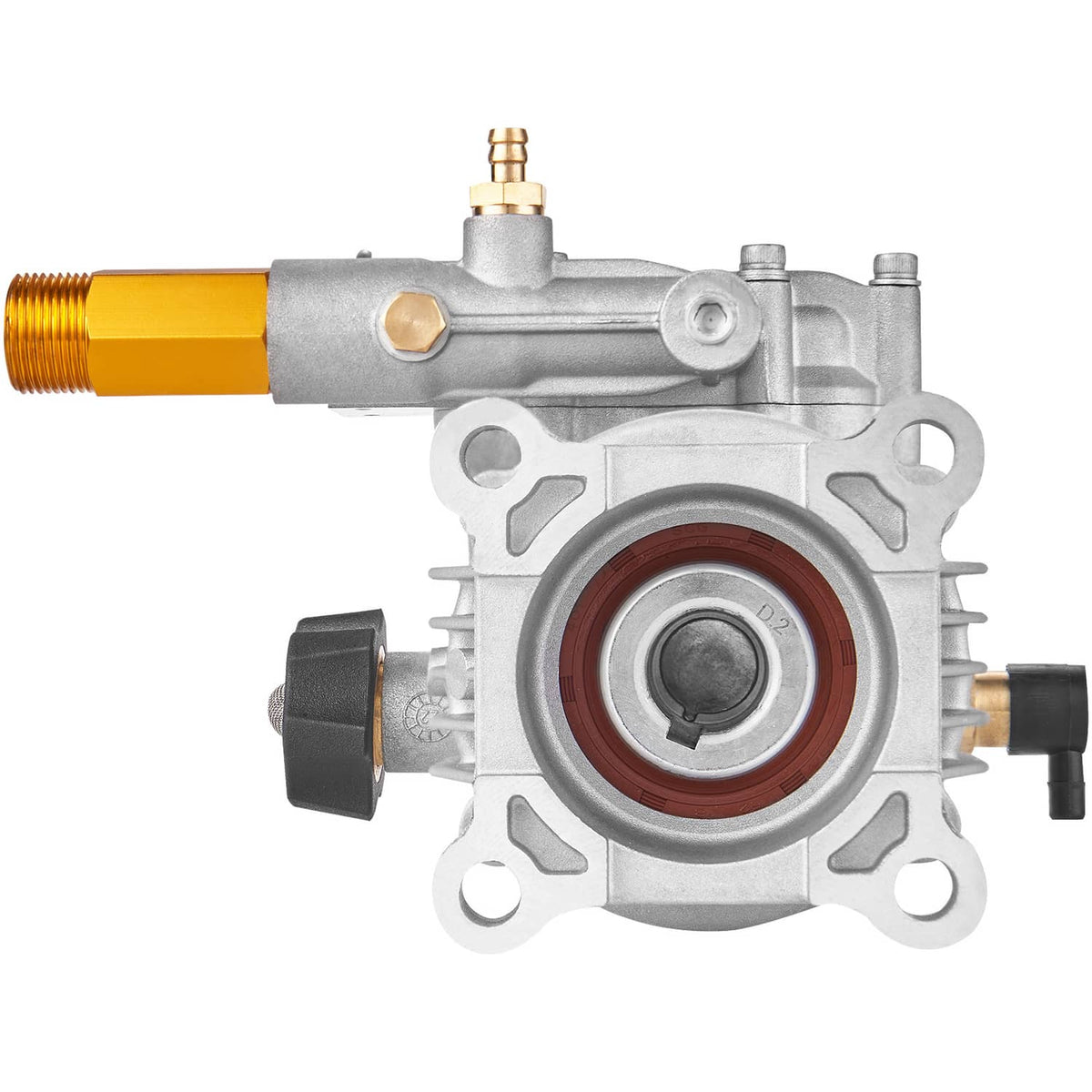 Pressure washer pump with brass inlet and horizontal cylinder, front view