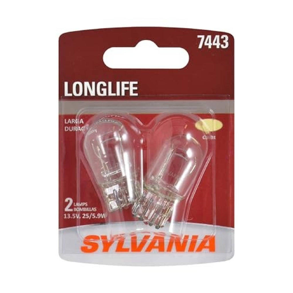 SYLVANIA LongLife 7443 bulb blister package with two miniature glass lamps