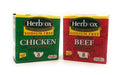 Sodium-free bouillon bundle, Herb-Ox chicken and beef packs in green and red boxes