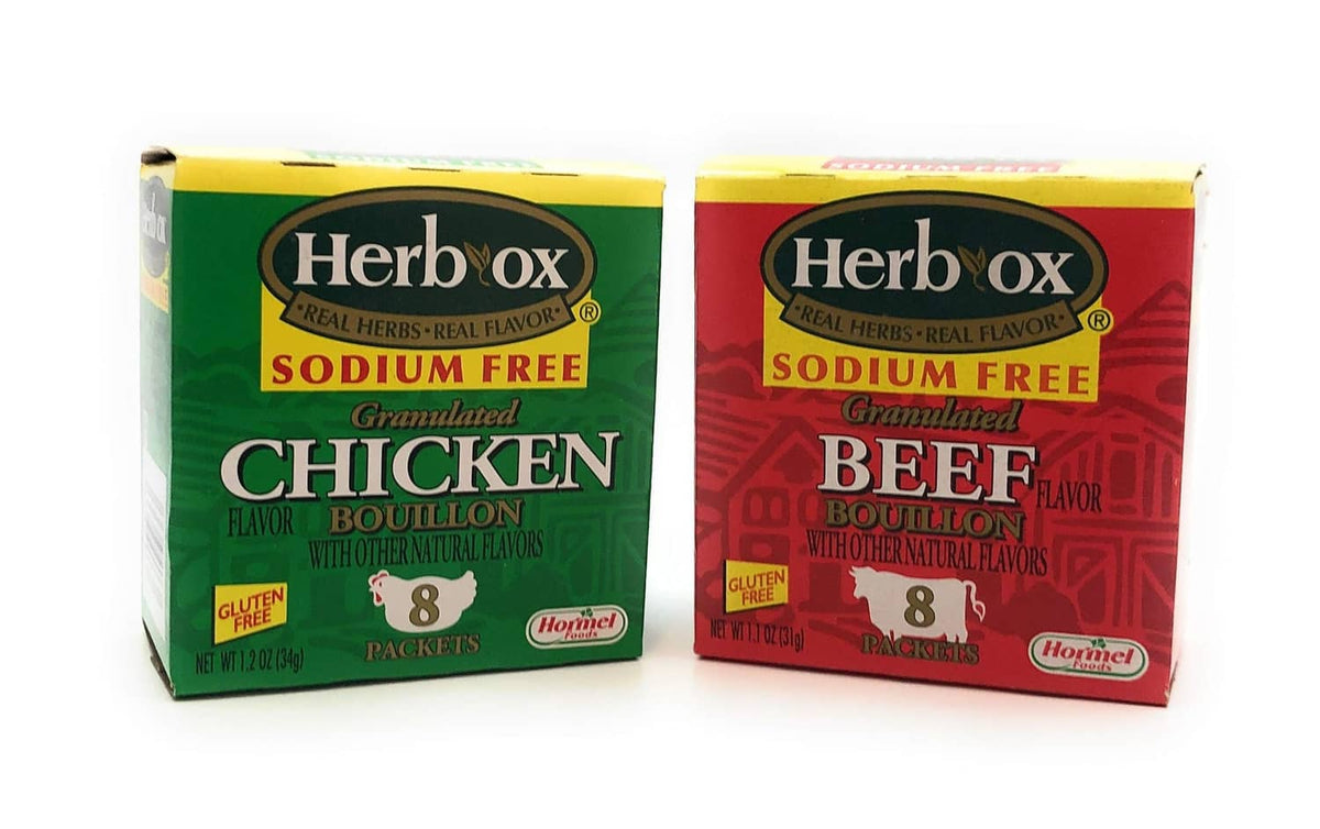 Sodium-free bouillon bundle, Herb-Ox chicken and beef packs in green and red boxes