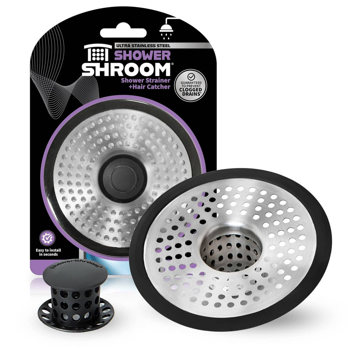 Shower drain hair catcher kit with stainless strainer disc and small black perforated cylinder