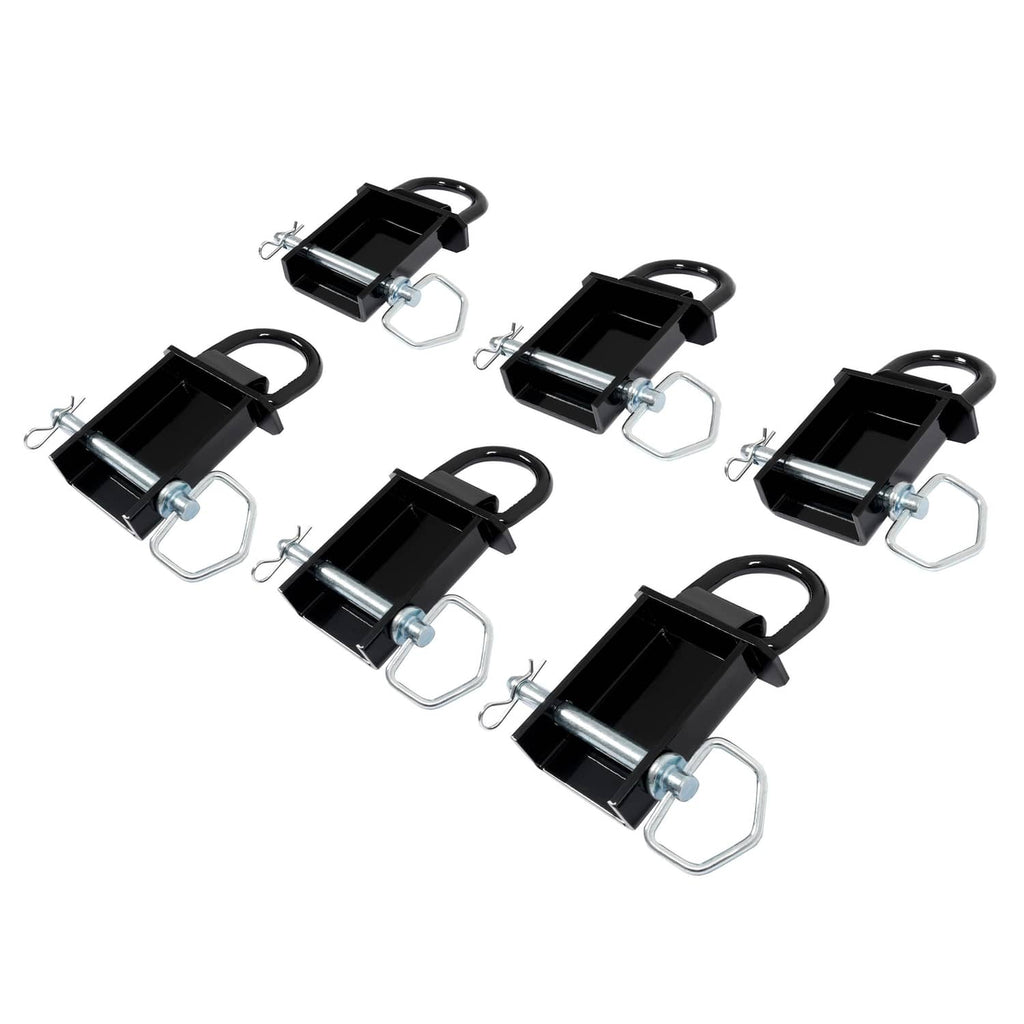 Set of black removable D-ring stake pockets with steel pins and U-bolts