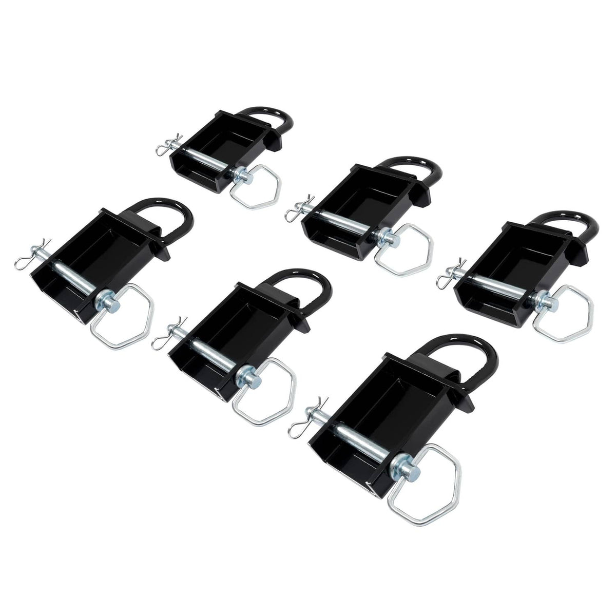 Set of black removable D-ring stake pockets with steel pins and U-bolts