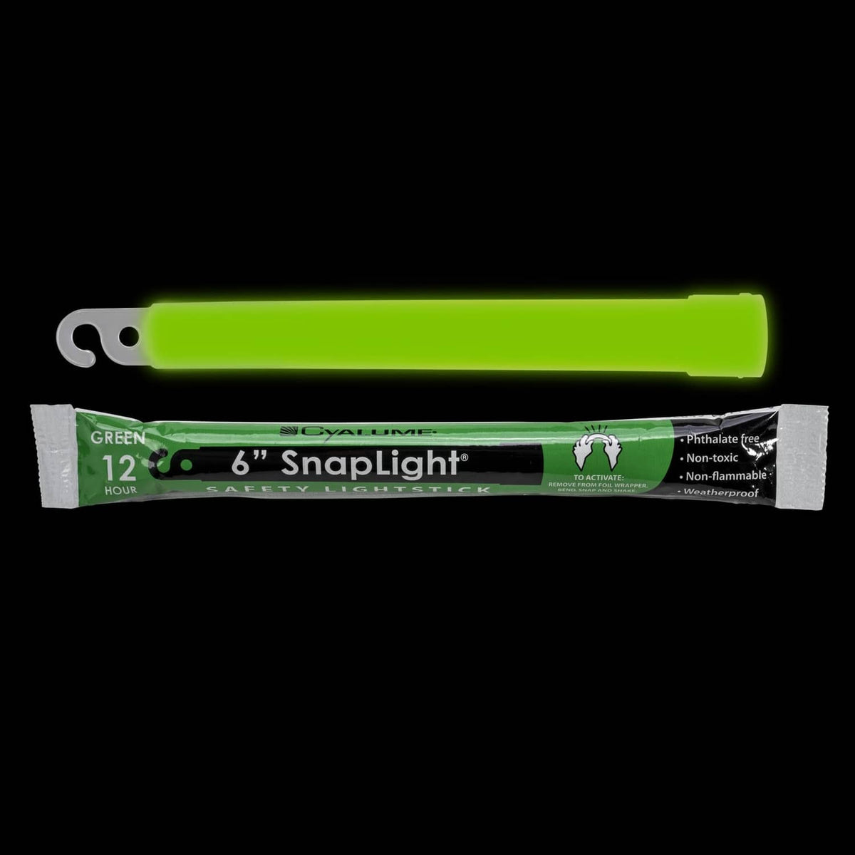 Green 6 in safety glow stick and SnapLight packaging, clip-loop end visible