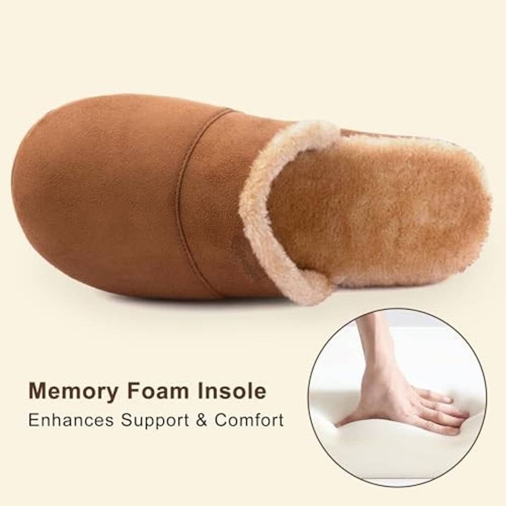 Tan fuzzy scuff slipper with plush inner lining and open cuff collar