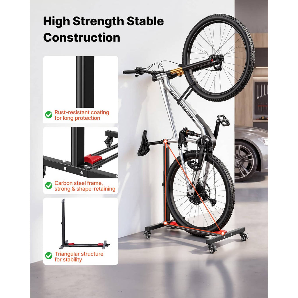 Heavy-duty bike stand with black frame, red pads, and adjustable triangular base