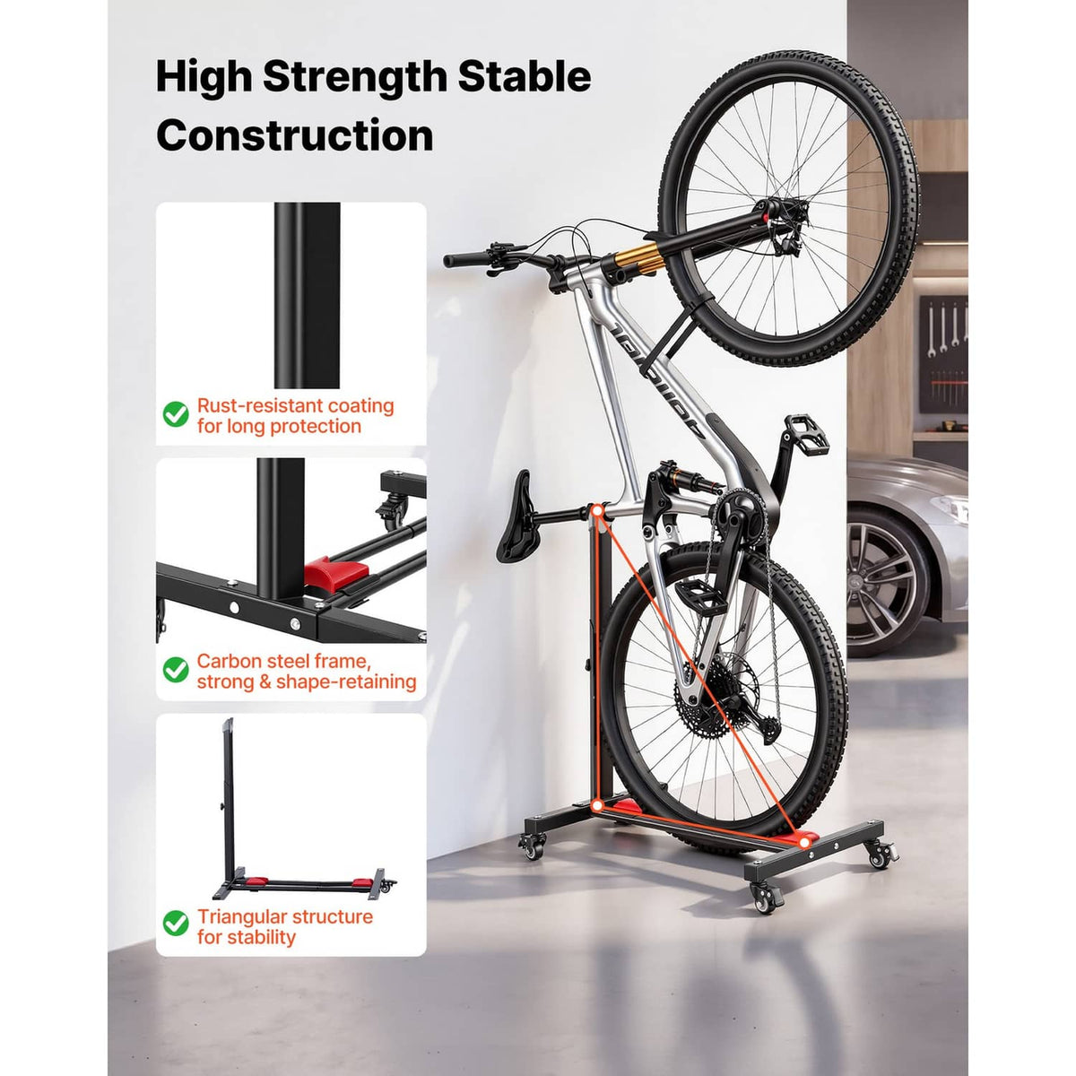 Heavy-duty bike stand with black frame, red pads, and adjustable triangular base