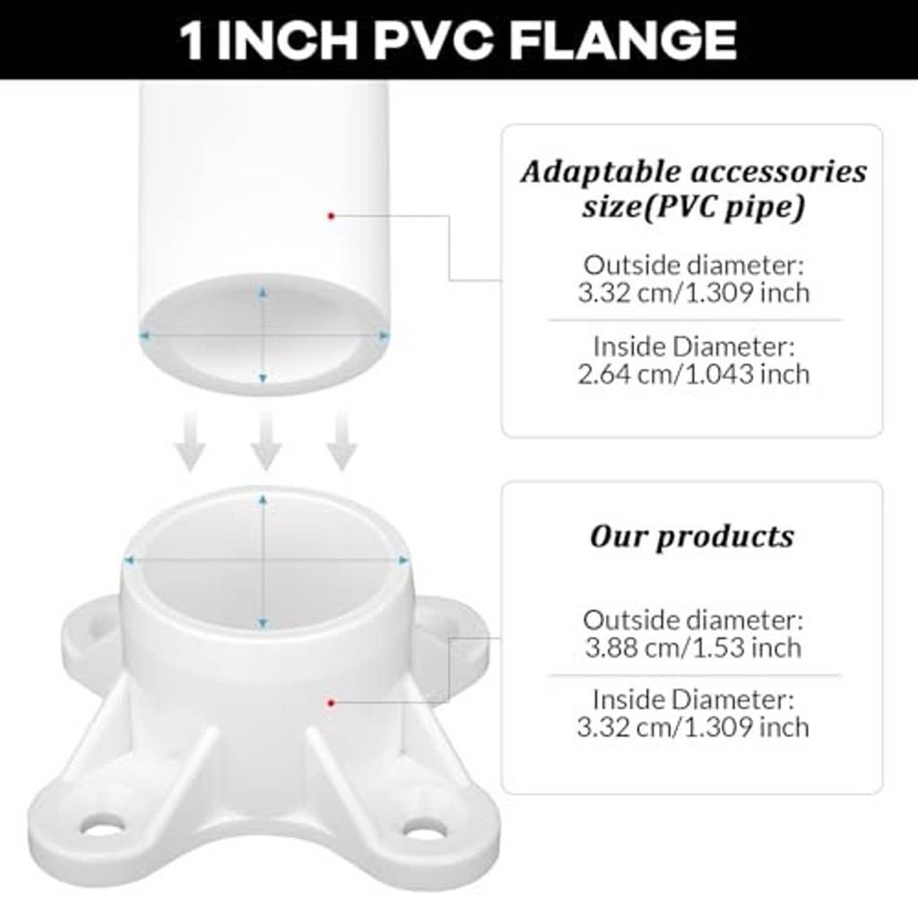 1-inch white PVC flange fitting with four mounting tabs, shown with size diagram
