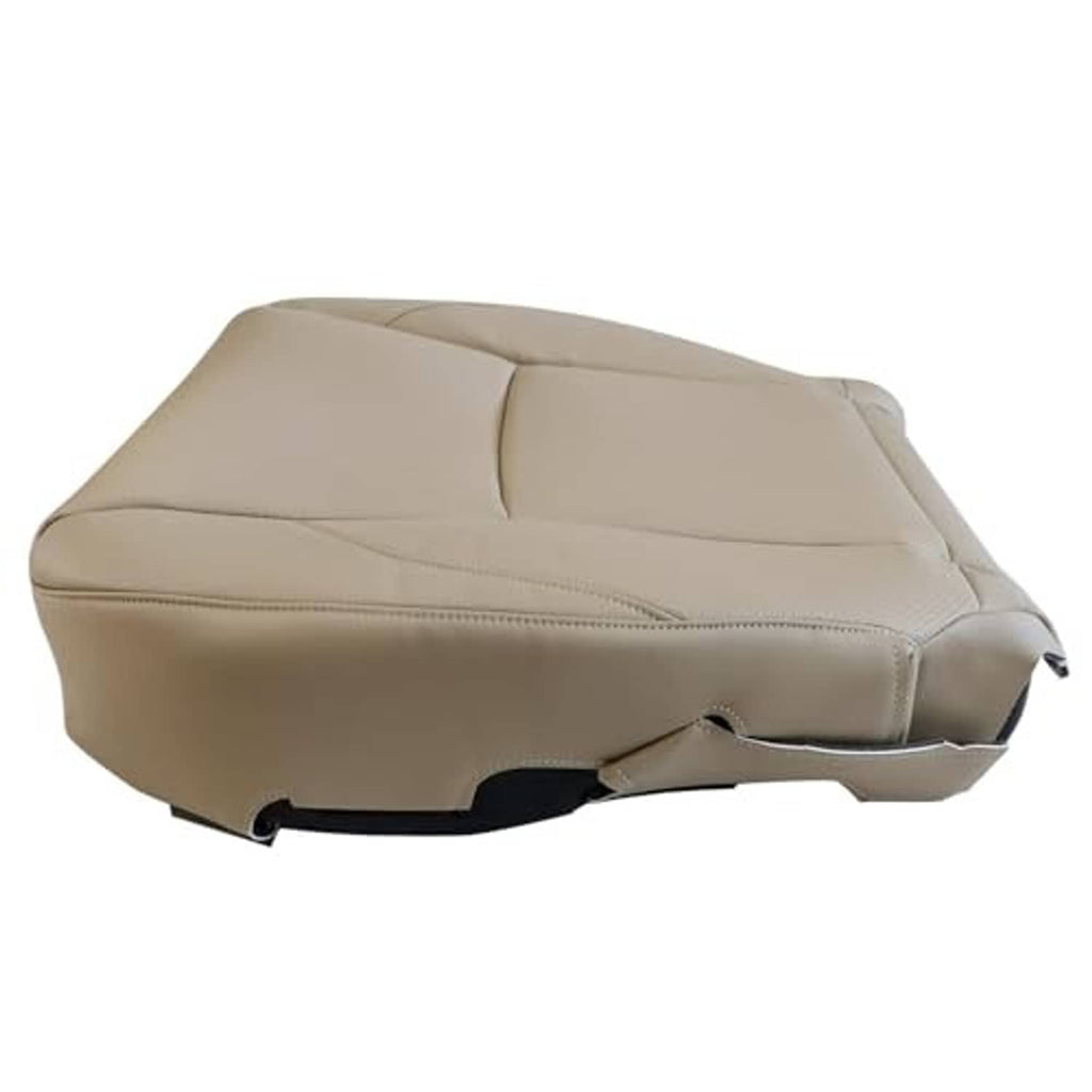 Light tan seat bottom cover with underside view and black mounting tabs