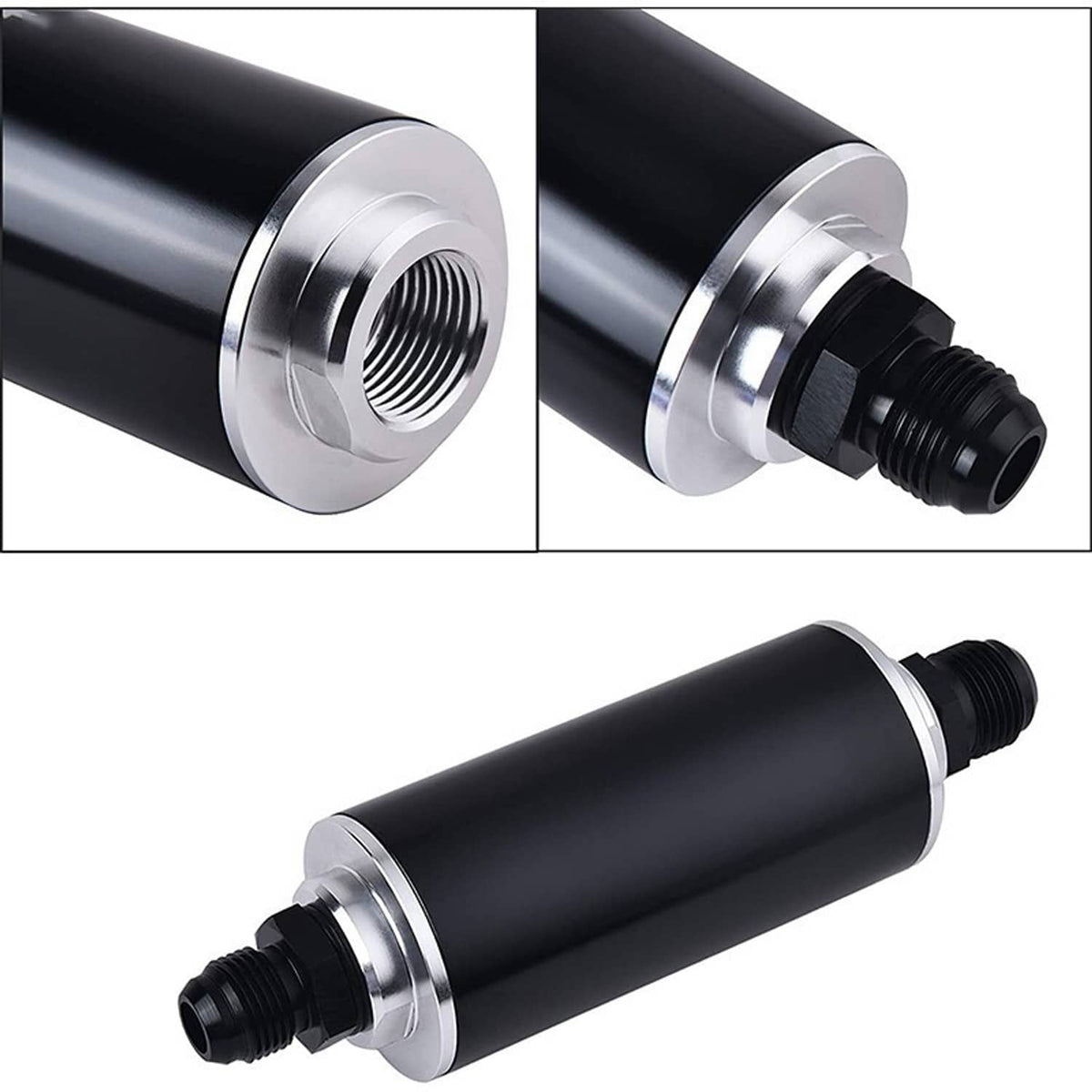Inline fuel filter ends with threaded AN-style ports, black housing and silver flanges.