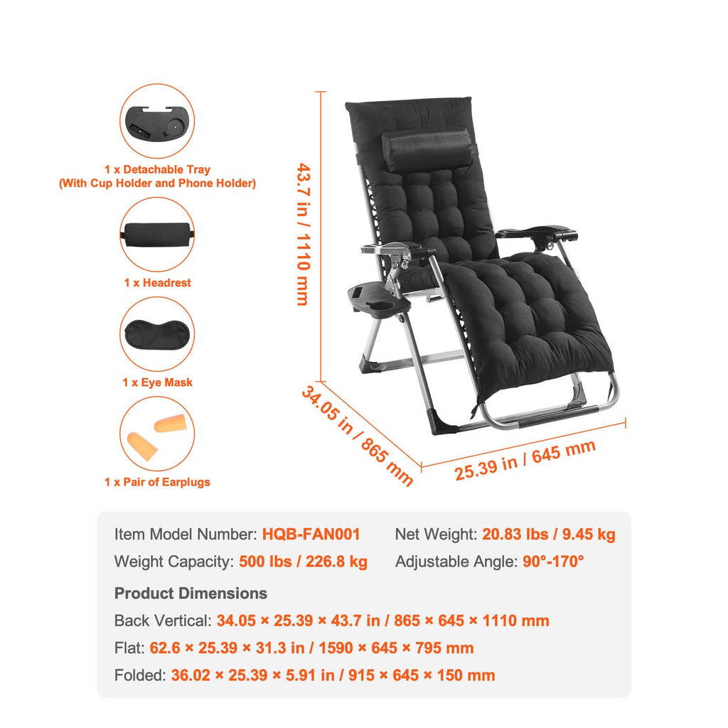 Black zero-gravity recliner chair set with detachable tray, headrest, and accessories