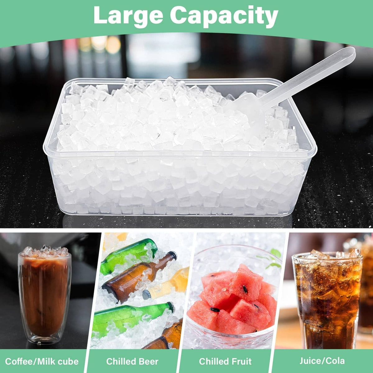 White mini ice cube tray filled with ice cubes and serving shovel
