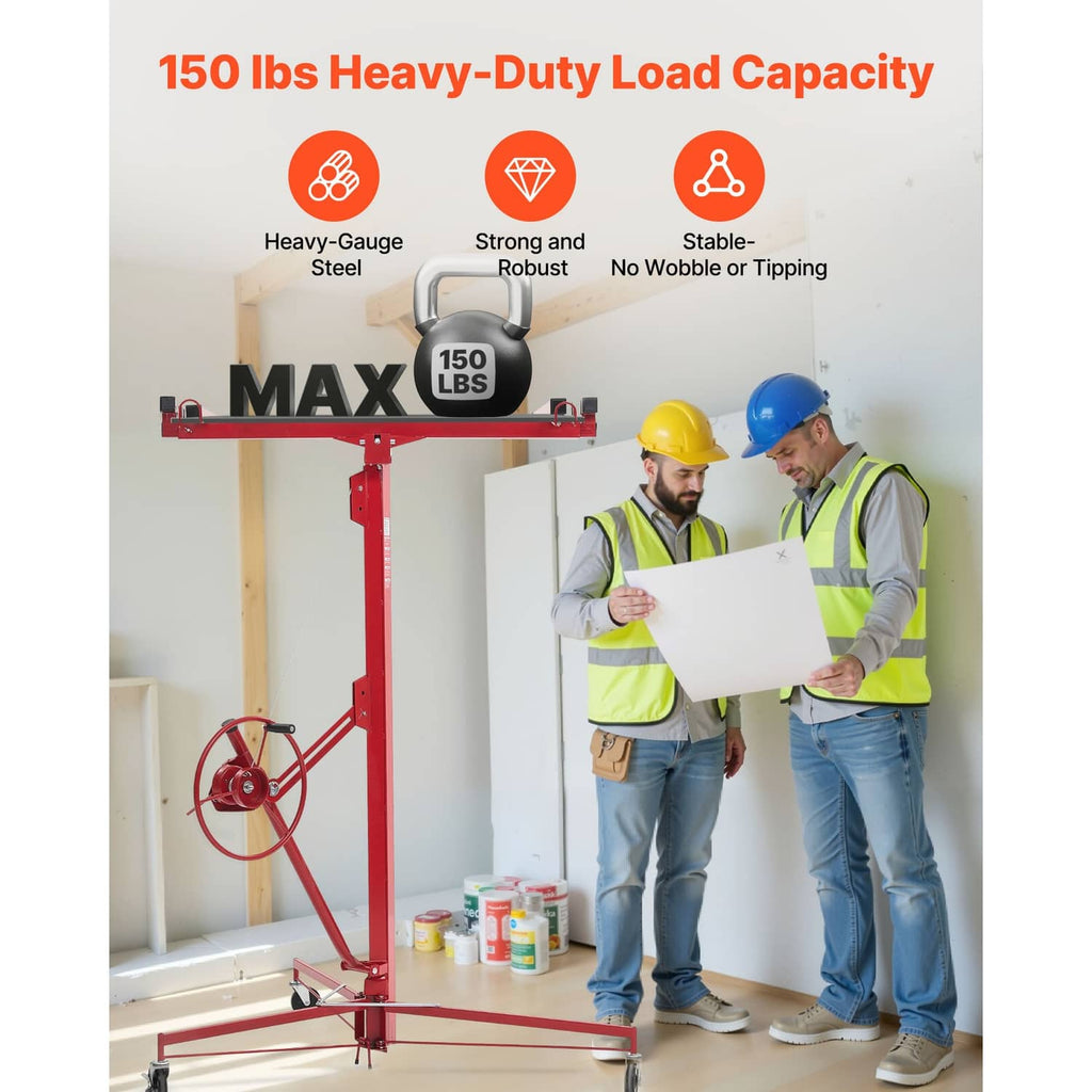 Red drywall hoist with adjustable arm, base wheels, and circular winch handle