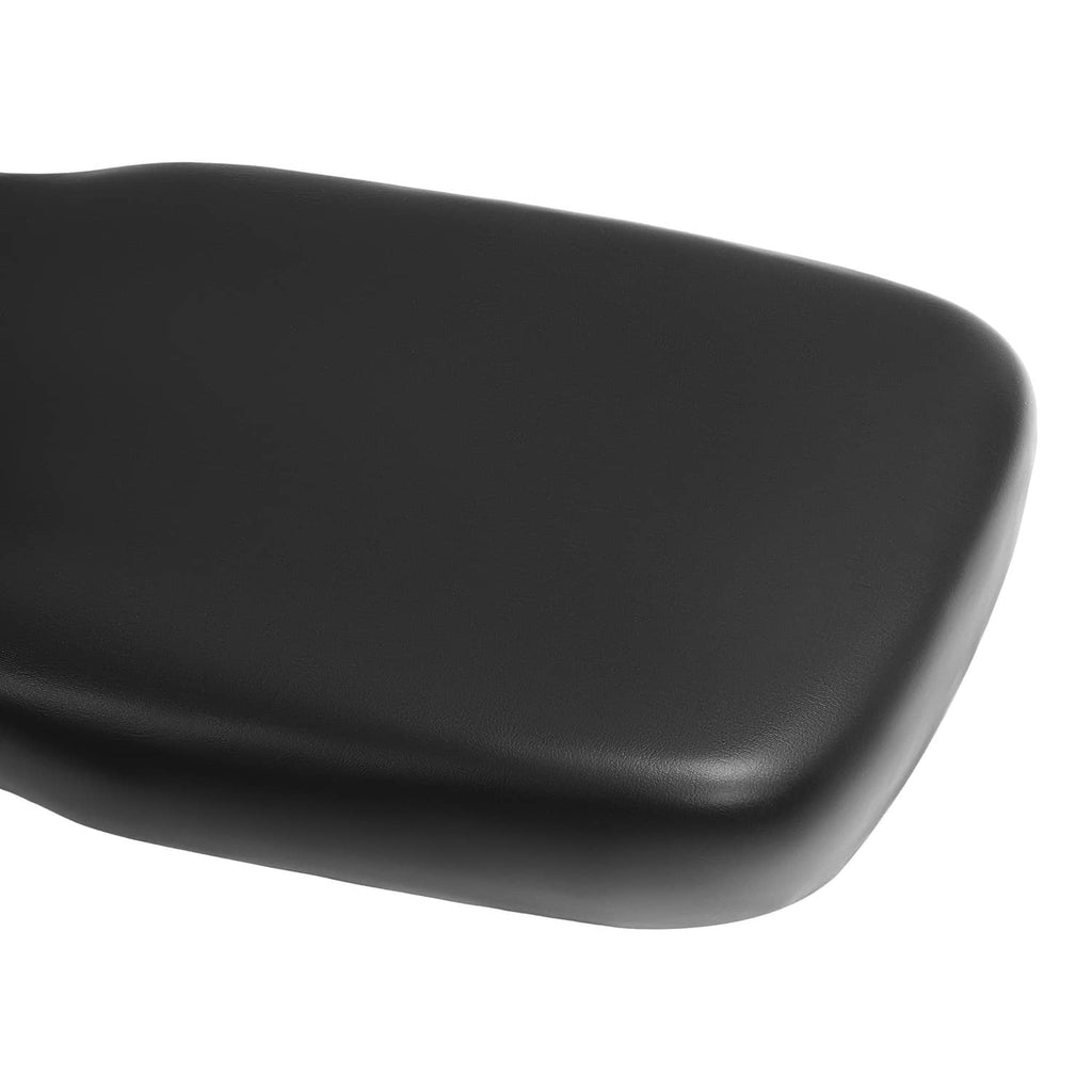 Black vinyl seat backrest cushion with smooth rounded contour and flat top
