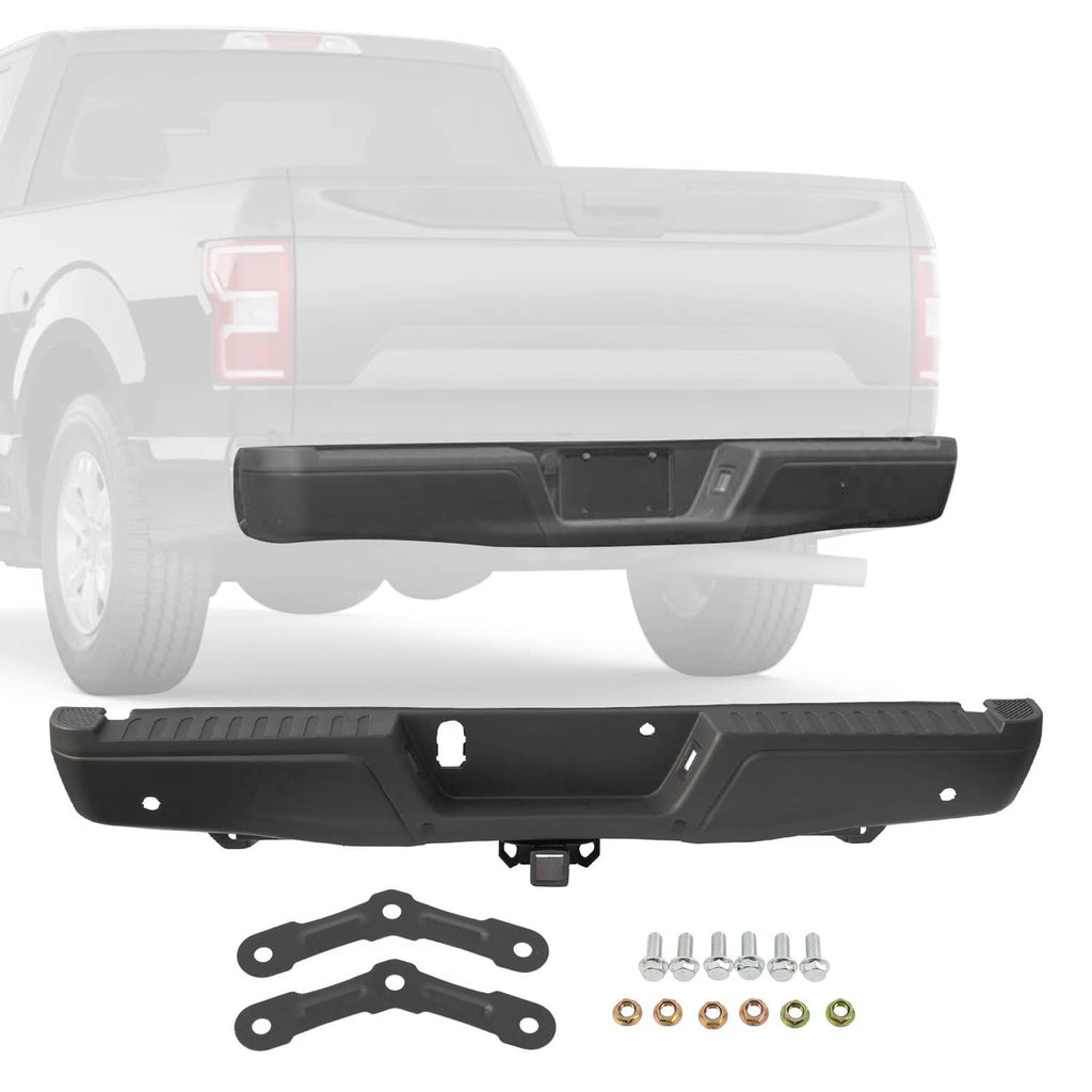 Black rear bumper assembly with hitch receiver and sensor-hole cutouts