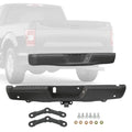 Black rear bumper assembly with hitch receiver and sensor-hole cutouts