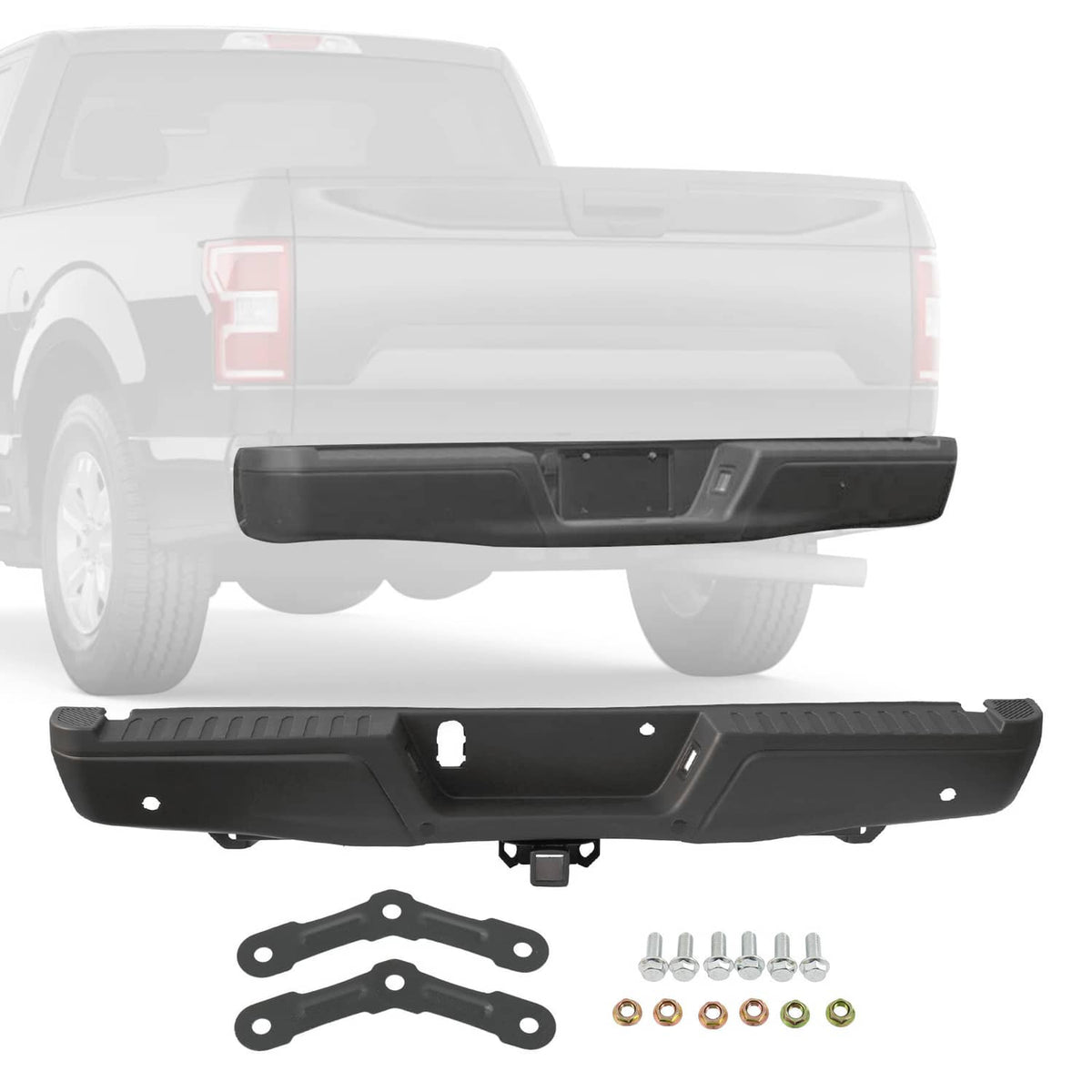 Black rear bumper assembly with hitch receiver and sensor-hole cutouts