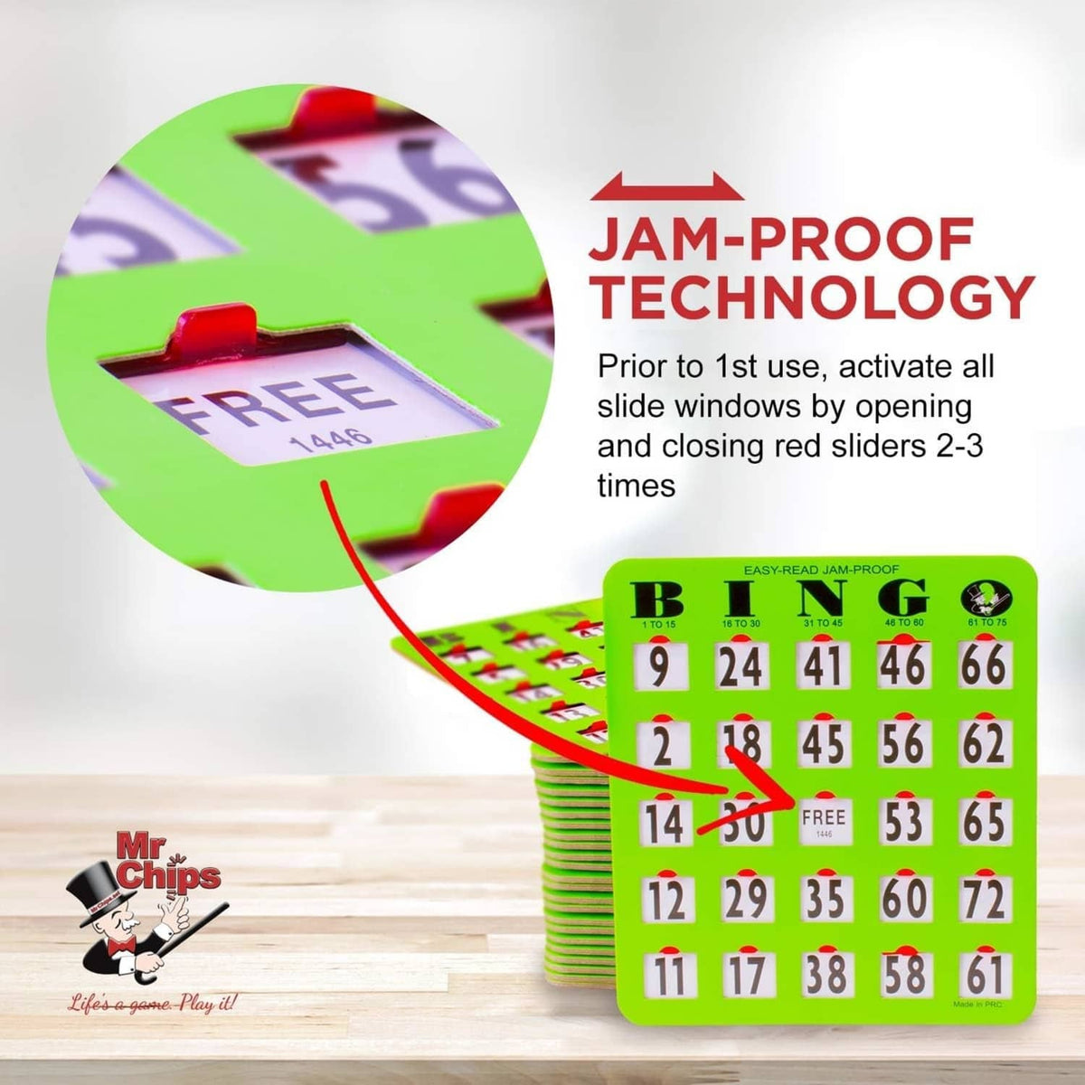 Set of green shutter bingo cards with sliding number windows and “FREE” spots.