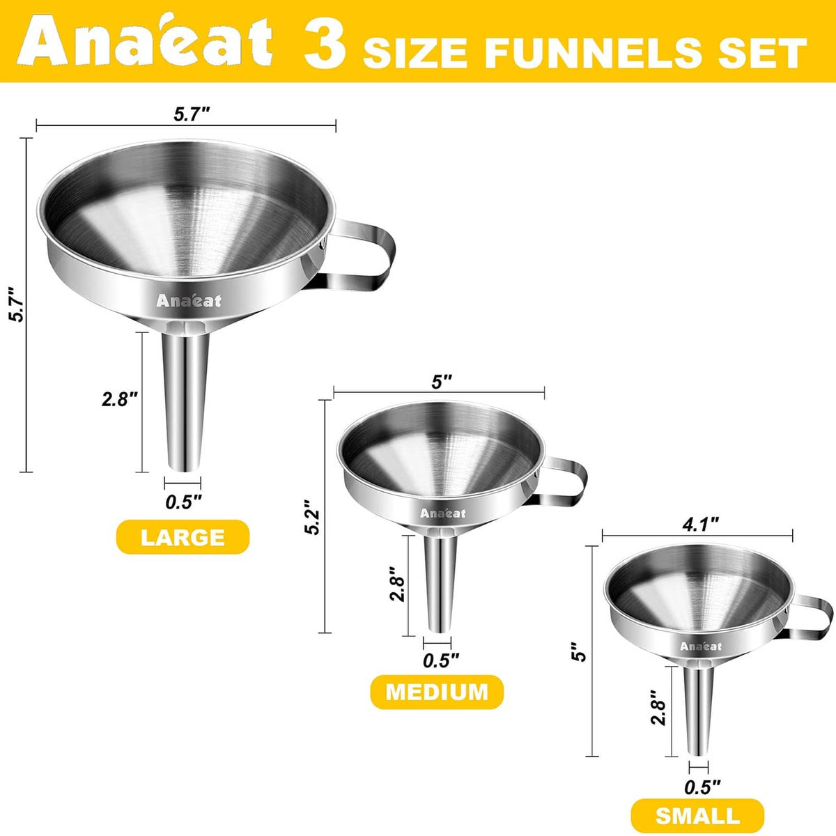 Set of three stainless steel funnels with measurements for large, medium, small