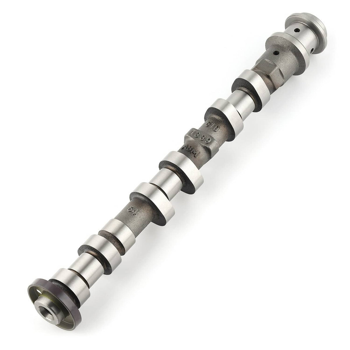 Left exhaust camshaft, silver steel with dark bearing caps and gear end