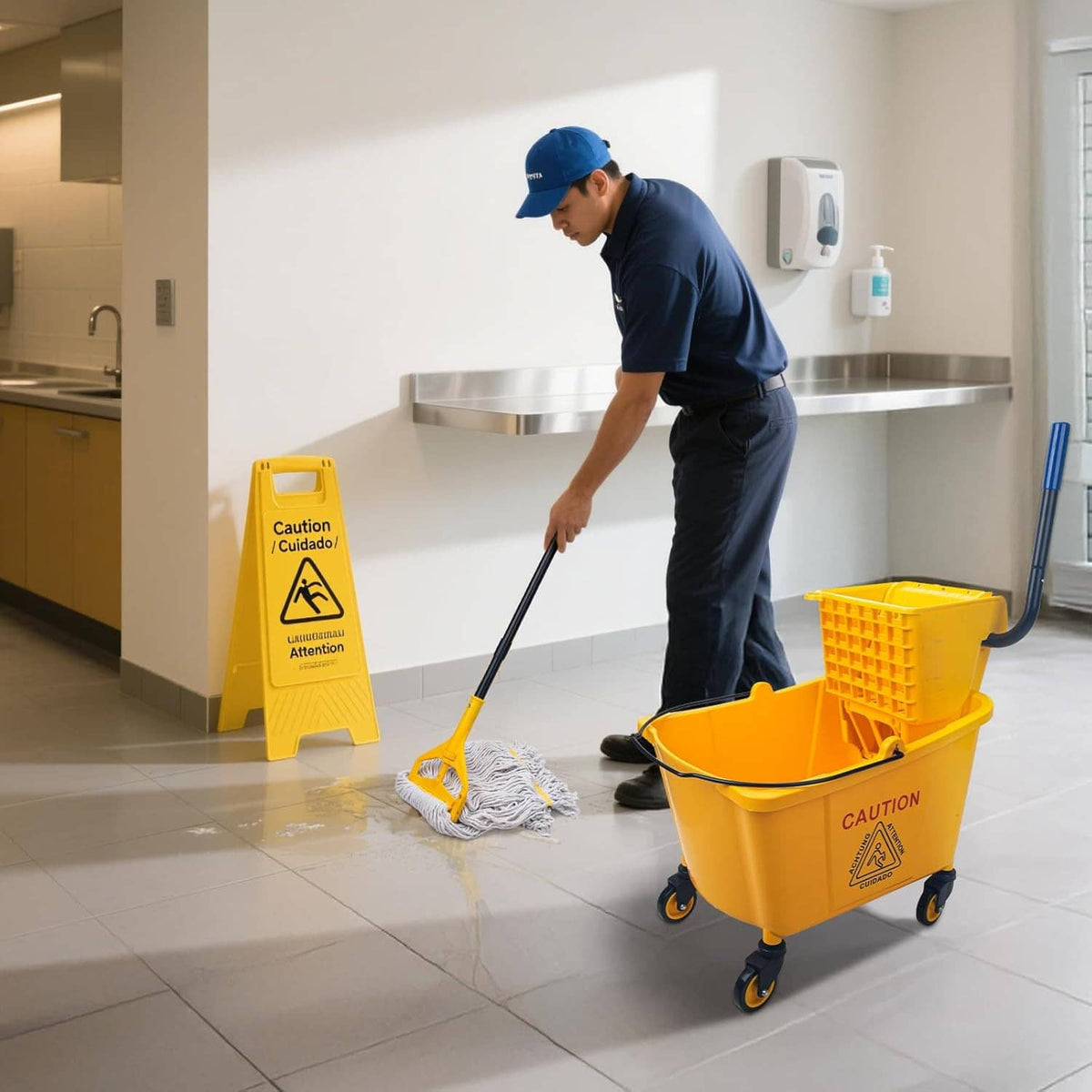 Yellow wheeled mop bucket with side wringer and mop cloth during floor cleaning