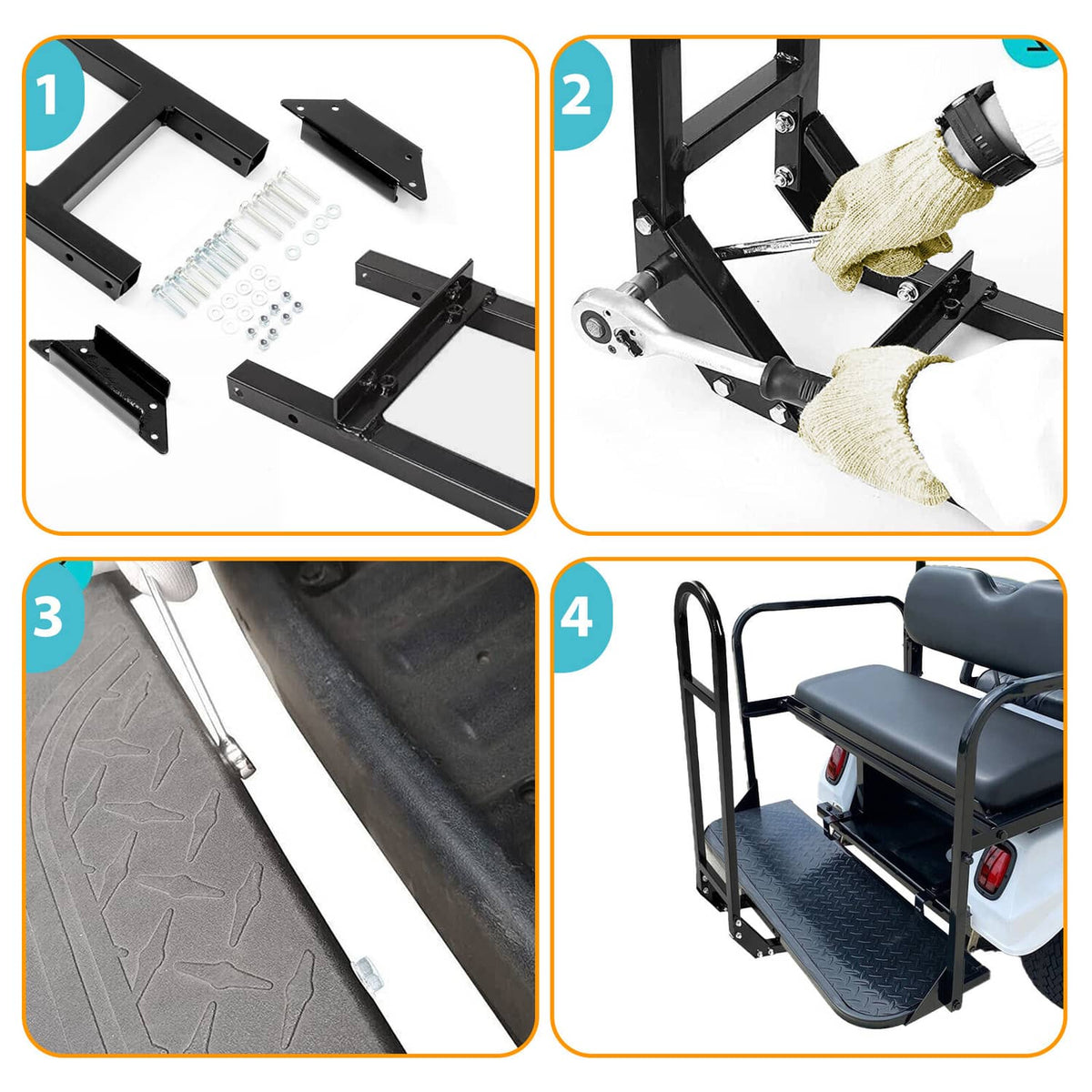 Rear flip seat kit hardware set with brackets, bolts, and mounting plates
