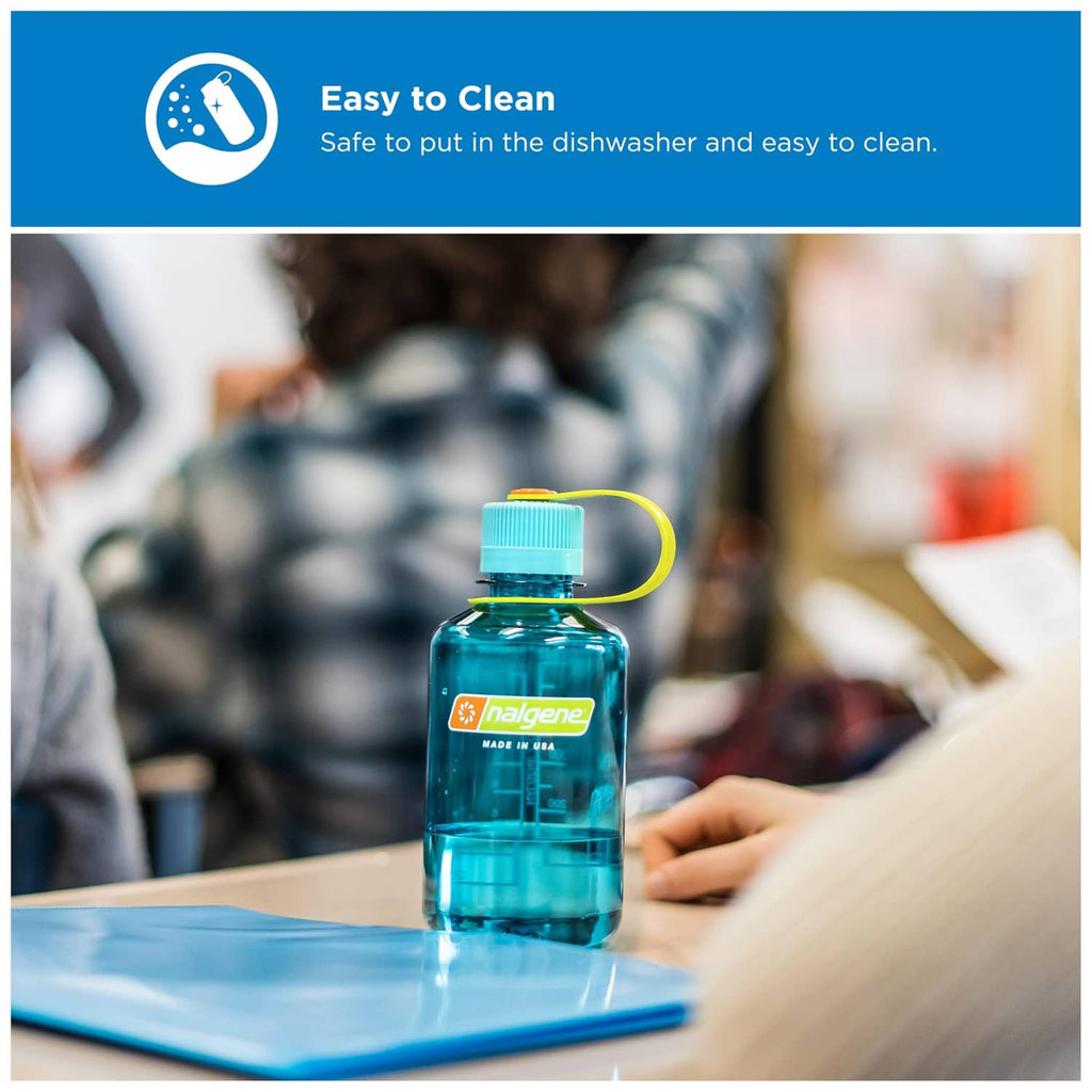 16 oz Nalgene narrow-mouth water bottle in teal with flip cap and carry loop handle.