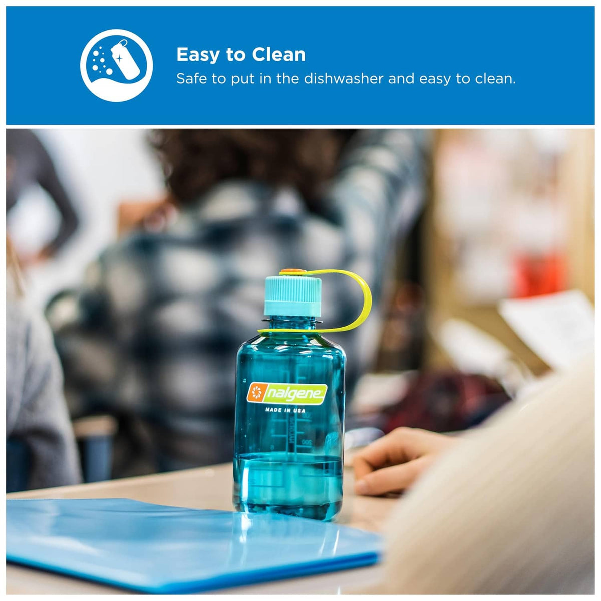16 oz Nalgene narrow-mouth water bottle in teal with flip cap and carry loop handle.