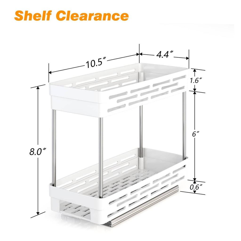 White pull-out spice rack organizer with two tiers and open front for easy access