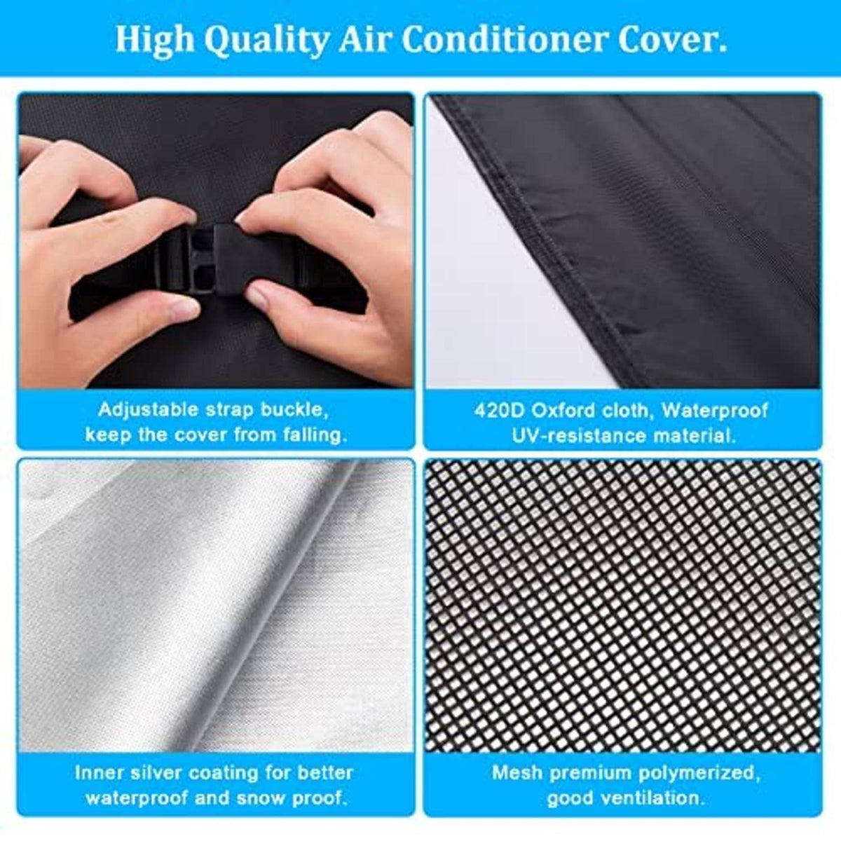 Black mesh air conditioner cover detail with adjustable strap buckle and stitching