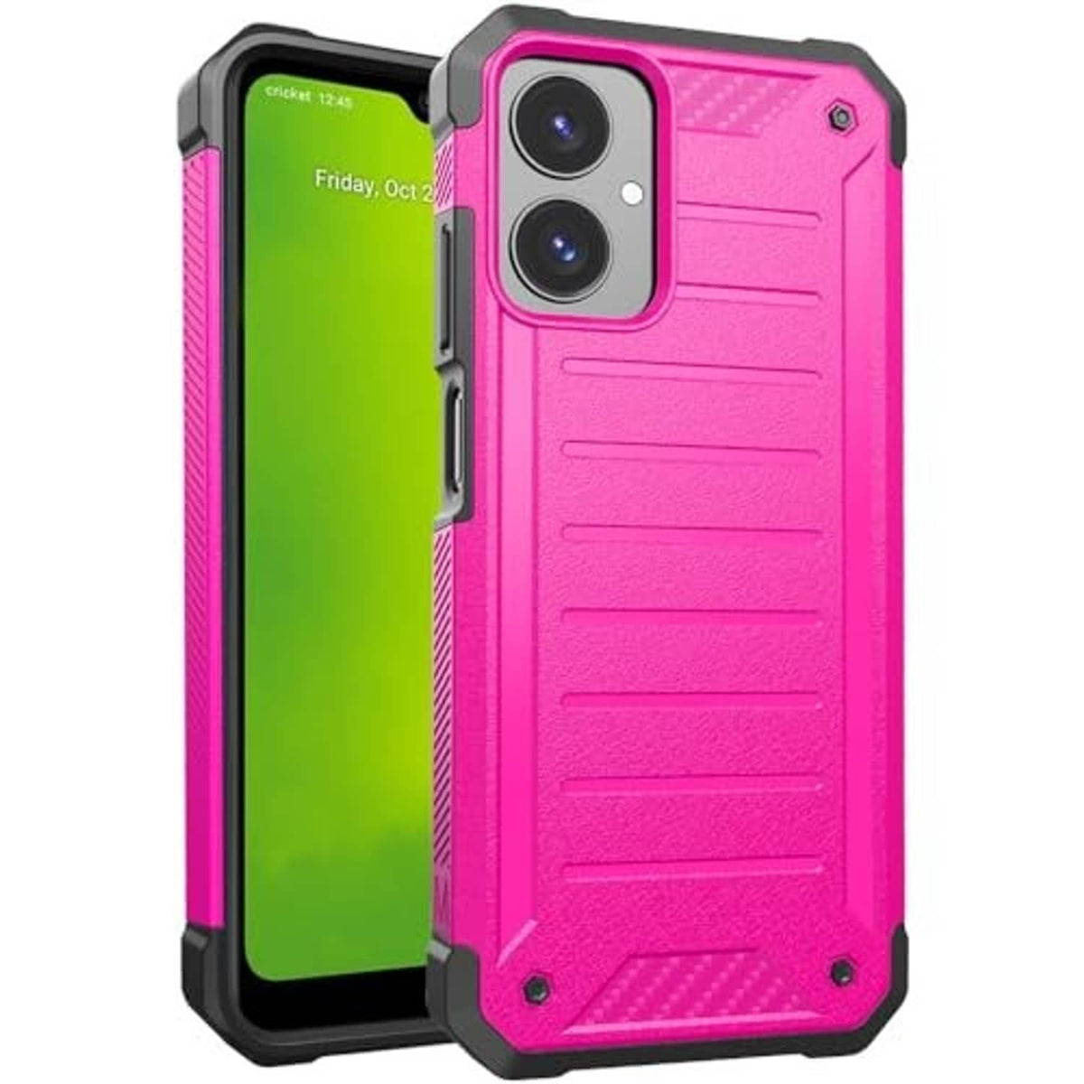 Pink rugged phone case front and back view with dual camera cutouts