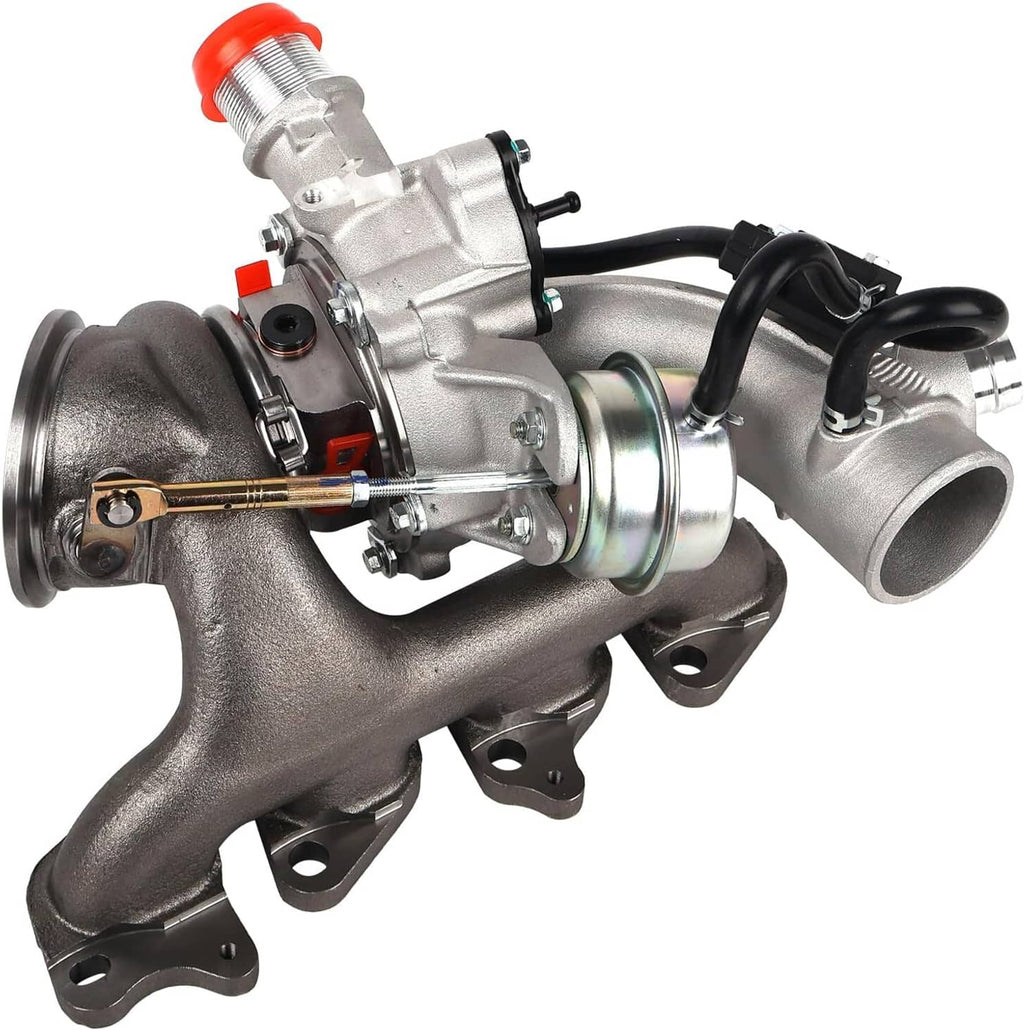 Turbocharger with red cap fitting and gold linkage, silver and dark metal housing